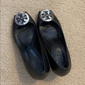 Tory Burch Open Toe Black Wedge Heels